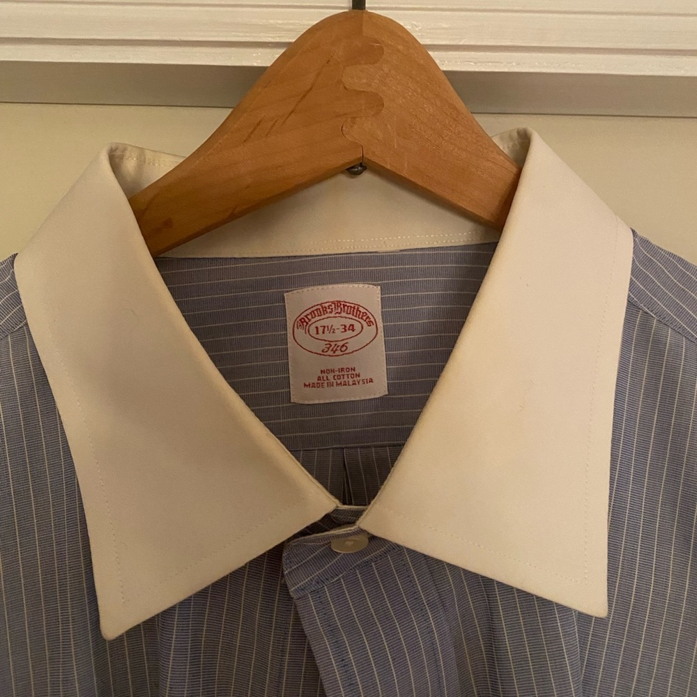 Brooks Brothers - blue pinstripe, white collar and French cuff - 17.5 34